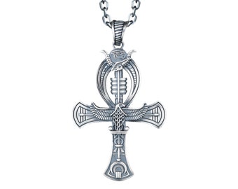 925 Sterling Silver Egyptian Ankh Pendant Necklace, Handmade Men’s Spiritual Jewelry Gift, Symbolic Charm