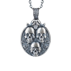 Handmade Sterling Silver Three Wise Skulls Necklace