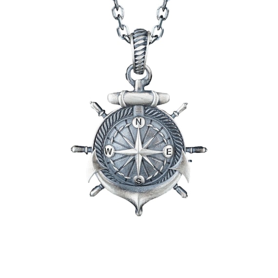Sterling Silver Anchor Necklace with Compass: Nautical Jewelry Gift