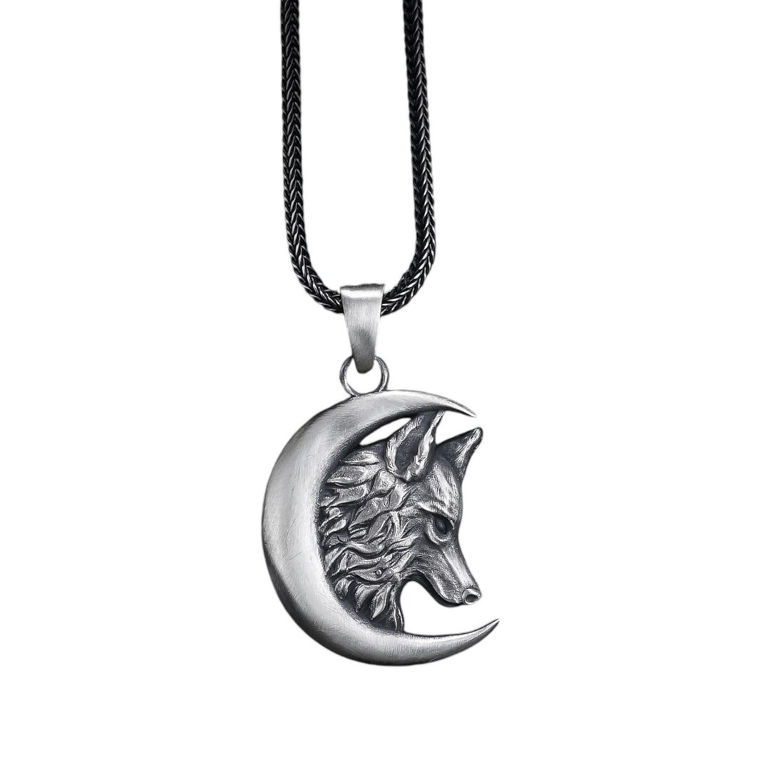 Collana con ciondolo a forma di mezzaluna con lupo ululante in pietra di luna, gioielli in argento sterling 925 e scatola - Italia