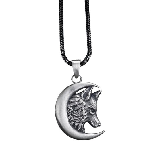 Collier Pendentif Loup Et Phase De Lune - Style Gothique Argenté - Neuf Avec étiquettes - Bijou Animal