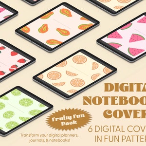 Könnte beinhalten: Sechs digitale Notizbuchcover mit lustigen Fruchtmustern. Die Cover umfassen Wassermelone, Papaya, Erdbeeren, Orangen, Limetten und ein Etikett "Fruity Fun Pack".