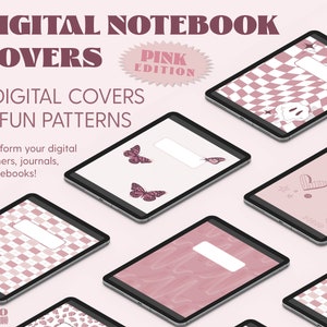 May include: Six digital notebook covers in a pink colour scheme with various patterns including butterflies, hearts, stars, and checkered designs. The text "DIGITAL NOTEBOOK COVERS" and "PINK EDITION" is displayed at the top of the image.