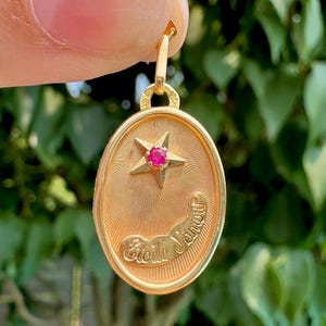 Vintage French 18k Gold Etoile d’Amour Pendant Ruby Oval Love Token