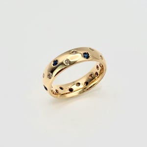 Vintage 14k Gold Sapphire Diamond Band Ring Polka Dot Flush Set, Size 5.25