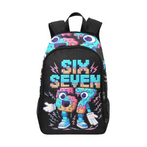 May include: Black backpack with a colorful graphic of two donut characters and the text "SIX SEVEN" in pixelated letters. The donuts have blue frosting, pink icing, and white gloves. The backpack has a top handle and side mesh pocket.