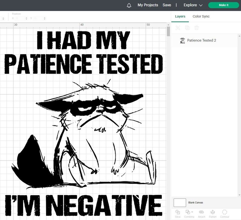 May include: Black and white graphic design featuring a grumpy cat illustration with the text "I HAD MY PATIENCE TESTED I'M NEGATIVE". The cat has a frowning expression. The design is suitable for t-shirts, mugs, or other merchandise.