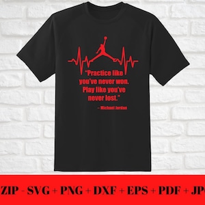 Peut inclure: T-shirt noir avec une silhouette rouge d'un joueur de basket-ball en train de dunker, un graphique de battement de c&oelig;ur rouge et la citation "Pratiquez comme si vous n'aviez jamais gagn&eacute;. Jouez comme si vous n'aviez jamais perdu." attribu&eacute;e &agrave; Michael Jordan.
