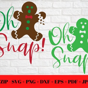 Puede incluir: Dos hombres de jengibre, uno marrón y otro verde, con el texto "Oh Snap!" en rojo y verde. Los hombres de jengibre sostienen un trozo de bastón de caramelo.