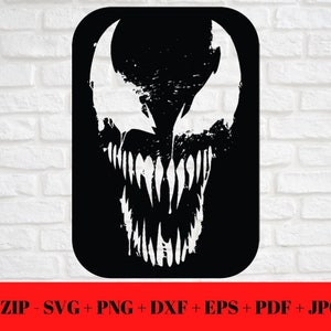 May include: Black and white vector illustration of a Venom character's face with a menacing grin and sharp teeth.