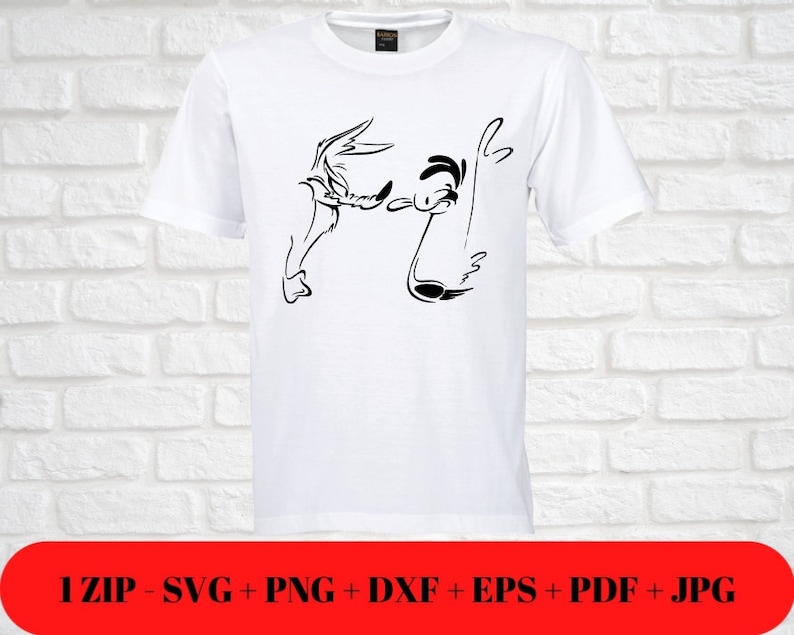 Puede incluir: Una camiseta blanca con un dibujo de l&iacute;nea negra de los personajes Wile E. Coyote y el Correcaminos de la caricatura de Looney Tunes.