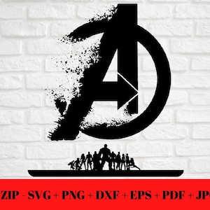 May include: Black graphic of the letter "A" with a circle and a team of figures below. The letter has a distressed effect. The image includes the text "1 ZIP - SVG + PNG + DXF + EPS + PDF + JPG" in a red banner.