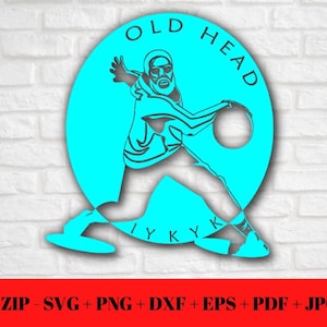 May include: A turquoise blue circle with the text "OLD HEAD" in black lettering. Inside the circle is a black silhouette of a person playing basketball. The text "YKYK" is written in black lettering below the circle.