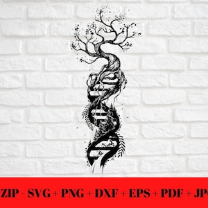 May include: Black and white illustration of a tree intertwined with a DNA strand. The tree's branches reach upwards, while the DNA spirals downwards, with a forest scene at the base. The image includes the text "1 ZIP - SVG + PNG + DXF + EPS + PDF + JPG".