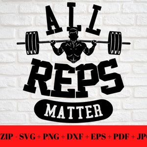 Może przedstawiać: Czarno-biały projekt graficzny przedstawiający sylwetkę osoby podnoszącej ciężary z tekstem "ALL REPS MATTER".