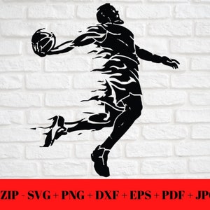 Peut inclure: Silhouette noire et blanche d'un joueur de basket-ball en plein vol, dribblant le ballon avec une pose dynamique.