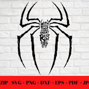 May include: Black and white silhouette of a spider with the text "With great power comes great responsibility" inside the spider's body.