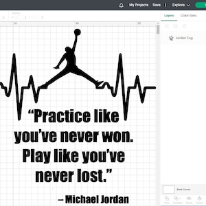 Peut inclure: Silhouette noire et blanche d'un joueur de basket-ball sautant avec un ballon de basket &agrave; la main, avec un graphique de battement de c&oelig;ur et la citation "Pratiquez comme si vous n'aviez jamais gagn&eacute;. Jouez comme si vous n'aviez jamais perdu." - Michael Jordan.