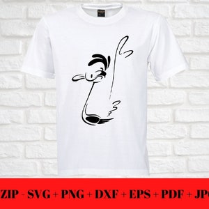 Puede incluir: Una camiseta blanca con una silueta negra de un p&aacute;jaro de dibujos animados con cuello largo y pico grande.
