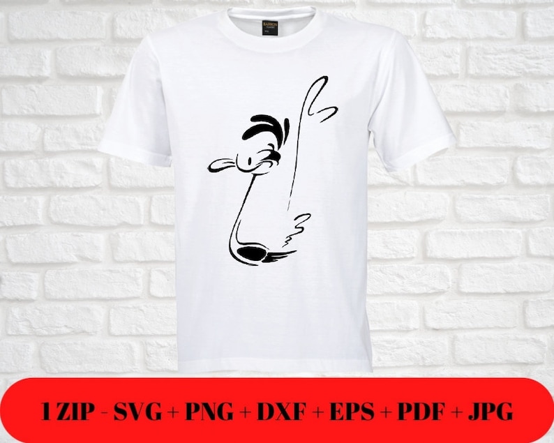 Puede incluir: Una camiseta blanca con una silueta negra de un p&aacute;jaro de dibujos animados con cuello largo y pico grande.