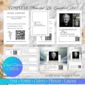 May include: A complete memorial QR guestbook kit with various templates. Includes cards with the text "Share a Memory", "In Loving Memory", and "A Celebration of Life". Features QR codes, photos, and space for messages. The kit is designed for easy customization.