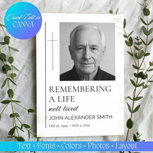May include: A memorial card with a black and white photo of an older man. The text reads "Remembering a Life well lived" and includes the name John Alexander Smith and dates Feb 20, 1945 - Aug 3, 2025. The words "Quick Edit in CANVA" are in a blue circle.