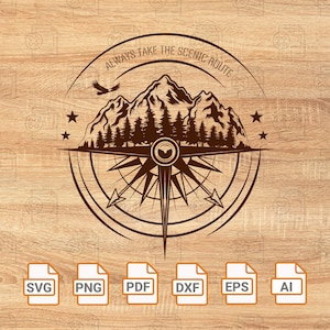 Elija siempre una ruta panorámica Camping Viaje Aventura Brújula salvaje Alaska SVG DXF PNG