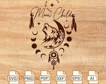 Moon Child Wolf SVG: Diseño floral celestial, archivo cortado con láser Glowforge