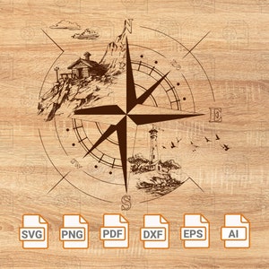 Fichier de gravure au laser scène de phare Svg Pdf Jpg | Camping sauvage randonnée | Voyage aventure boussole SVG | Aigles Svg | Boussole PNG