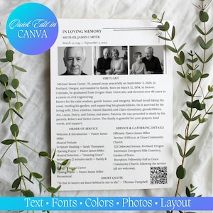 May include: A memorial announcement with the text "In Loving Memory Michael James Carter." The announcement includes a portrait, obituary, order of service, and service details. The design features a floral border and the Canva logo.
