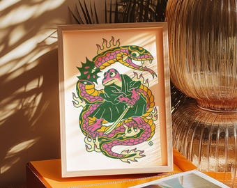 Protege tu cuello: batalla de rana guerrera contra serpiente de 20 x 30 cm, ilustración de rana, arte mural de rana samurái, regalo único