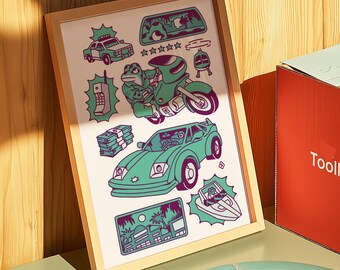 Vice City - 8" x 12" - Impresión artística de rana, arte de pared de rana retro, póster de rana tropical, decoración vintage de Miami, estética de jungla urbana