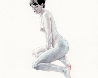 May include: Watercolor painting of a person in a kneeling pose. The figure has short black hair and is depicted with pale skin. The artwork is signed with the initials "RH" and the year "22".