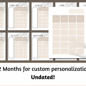 May include: A printable calendar template with 12 months, featuring a beige background with white palm leaf designs. The calendar is undated and includes the months of January, February, March, April, May, June, July, August, September, October, November, and December.