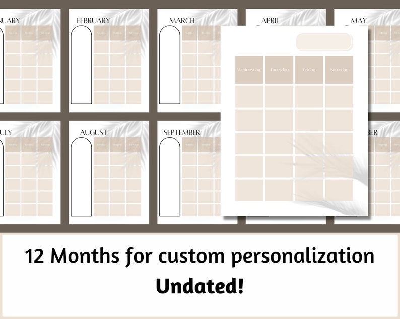 May include: A printable calendar template with 12 months, featuring a beige background with white palm leaf designs. The calendar is undated and includes the months of January, February, March, April, May, June, July, August, September, October, November, and December.