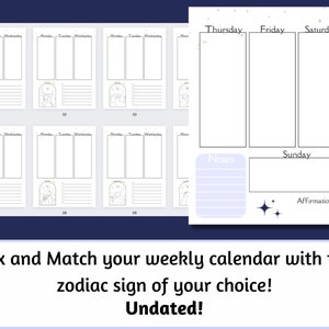 Puede incluir: Un planificador de calendario semanal imprimible con un tema celestial. El calendario est&aacute; dividido en secciones para cada d&iacute;a de la semana, con espacio para notas y afirmaciones. El dise&ntilde;o presenta un fondo de cielo estrellado con estrellas doradas y una ilustraci&oacute;n de signo del zod&iacute;aco.