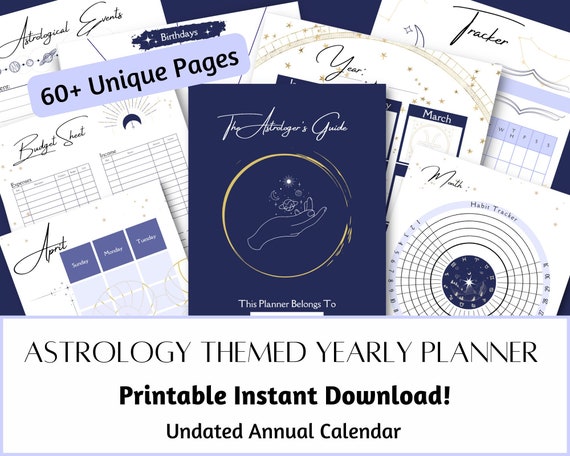 Astrology Themed Printable Planner Template, Annual Manifestation Journal with Trackers, Printable Planner Pages with Zodiac Signs