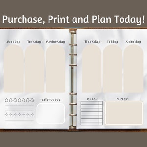 May include: A printable weekly planner with sections for Monday through Sunday, a to-do list, and an affirmation section. The planner is designed with a brown leather binder and white pages.