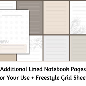 May include: A printable set of lined notebook pages with a grid sheet. The pages are in a neutral color palette with a subtle leaf design.