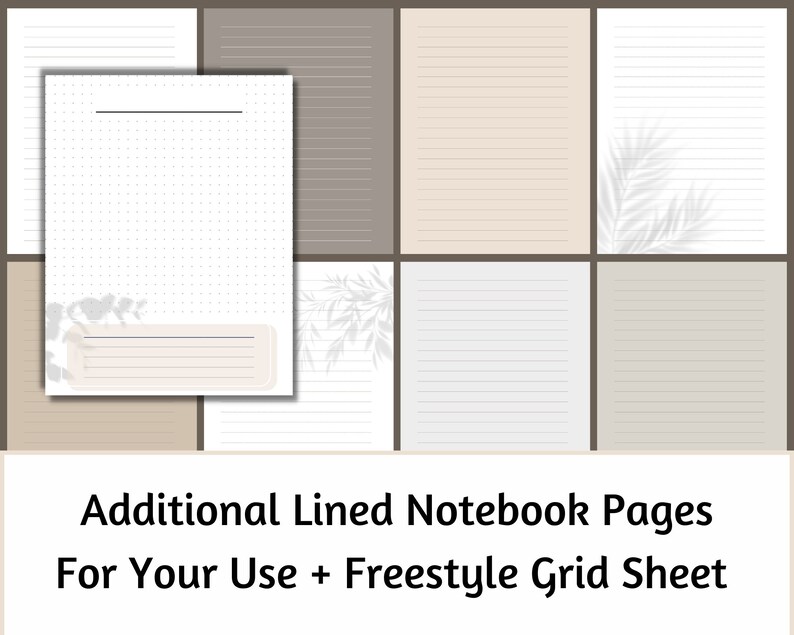 May include: A printable set of lined notebook pages with a grid sheet. The pages are in a neutral color palette with a subtle leaf design.