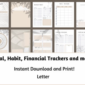 May include: Printable digital planner pages with a beige background and black text. The pages include a meal tracker, budget sheet, to-do list, expense tracker, and expense sheet. The text "Meal, Habit, Financial Trackers and more! Instant Download and Print! Letter" is at the bottom of the image.