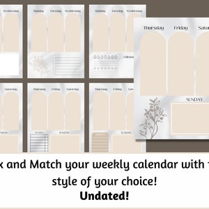 May include: A printable weekly calendar template with a marble background and a floral design. The calendar is divided into seven days of the week, with space for writing in appointments, tasks, and notes. The text "Mix and Match your weekly calendar with the style of your choice! Undated!" is at the bottom of the page.