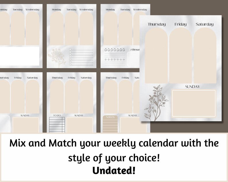 May include: A printable weekly calendar template with a marble background and a floral design. The calendar is divided into seven days of the week, with space for writing in appointments, tasks, and notes. The text "Mix and Match your weekly calendar with the style of your choice! Undated!" is at the bottom of the page.