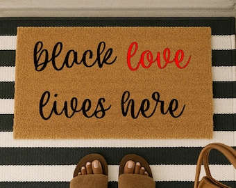 Black Love Lives Here Custom Doormat for Front Porch, Juneteenth Pride, Personalized Welcome Mat, Black Excellence, Coir Outdoor Rug