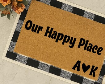 Our Happy Place Doormat with Initials – Custom Couple Welcome Mat, Housewarming Gift, Romantic Front Door Decor, Personalized Doormat