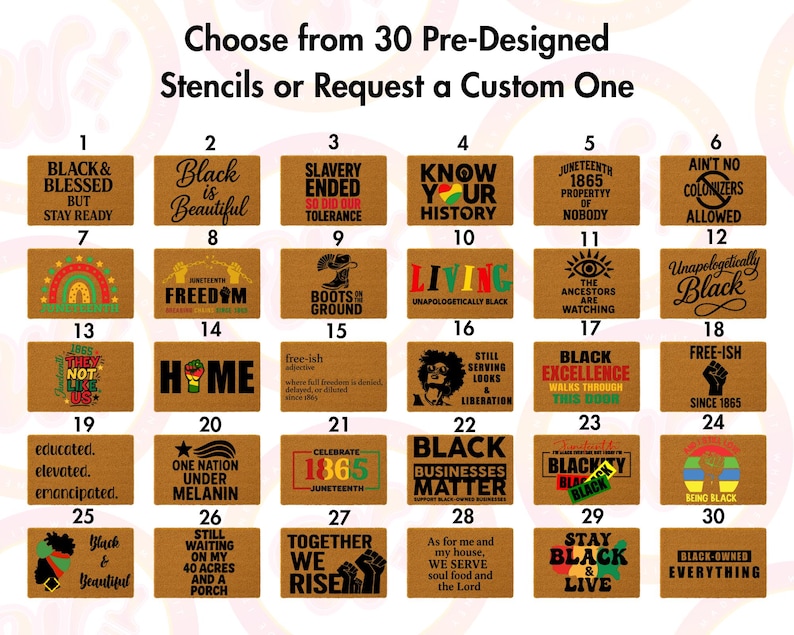 May include: A collection of 30 pre-designed stencils with various phrases and graphics, including "Black & Blessed," "Black is Beautiful," and "Know Your History." The stencils are displayed on rectangular brown backgrounds, offering options for custom designs.