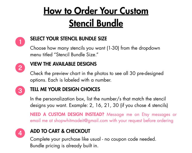 May include: A pink and white graphic with instructions on how to order a custom stencil bundle. The text includes steps to select the stencil size, view designs, choose designs, and add to cart. Contact information is provided.