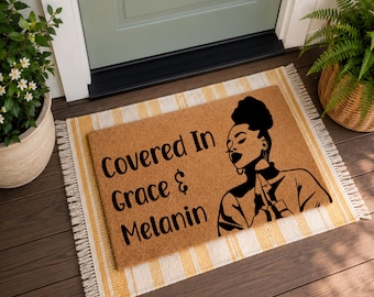Covered In Grace and Melanin Doormat, Black Girl Home Decor, Faith Inspired Welcome Mat, Afrocentric Porch Decor, Melanin Gift