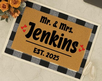 Custom Mr. & Mrs. Doormat with Last Name and EST Year – Wedding Gift for Couples, Newlywed Welcome Mat, Personalized Front Door Mat