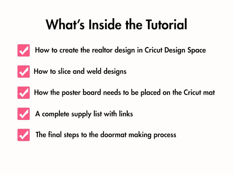 May include: A graphic with the title "What's Inside the Tutorial" and a list of steps for a doormat-making process. The steps include creating a realtor design, slicing and welding designs, and placing the poster board on the Cricut mat.